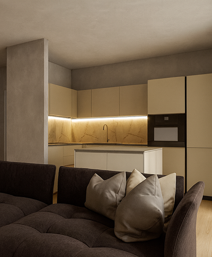 Living moderno con cucina ad isola e divano coordinato, esempio di arredamento di design a Castelfranco Veneto - Furlan Mobili
