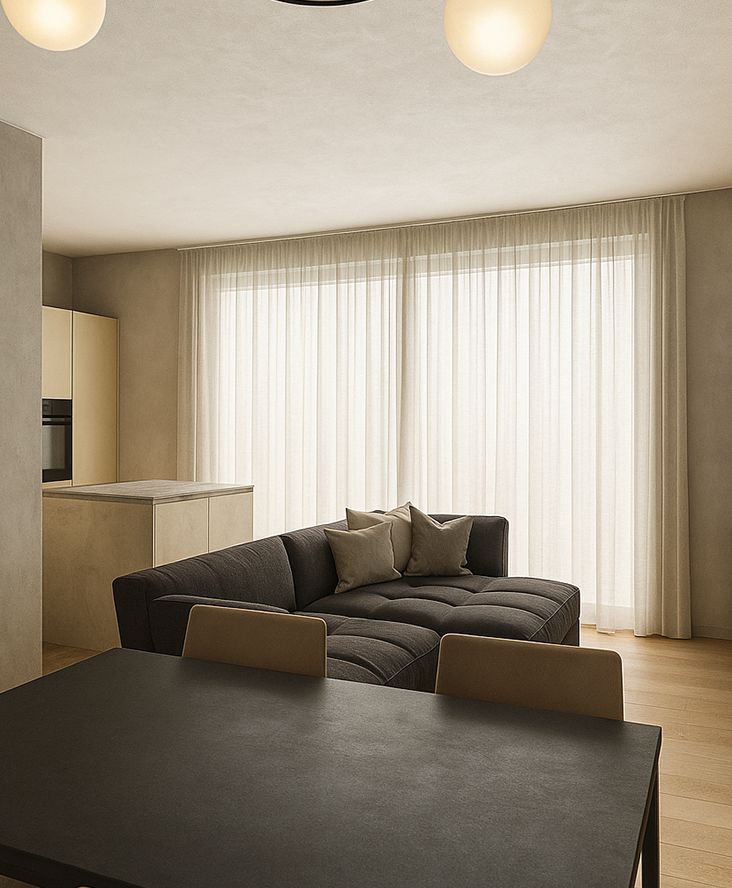 Divano moderno e zona pranzo con tavolo e sedie, ispirazione per interior design a Castelfranco Veneto con Furlan Mobili