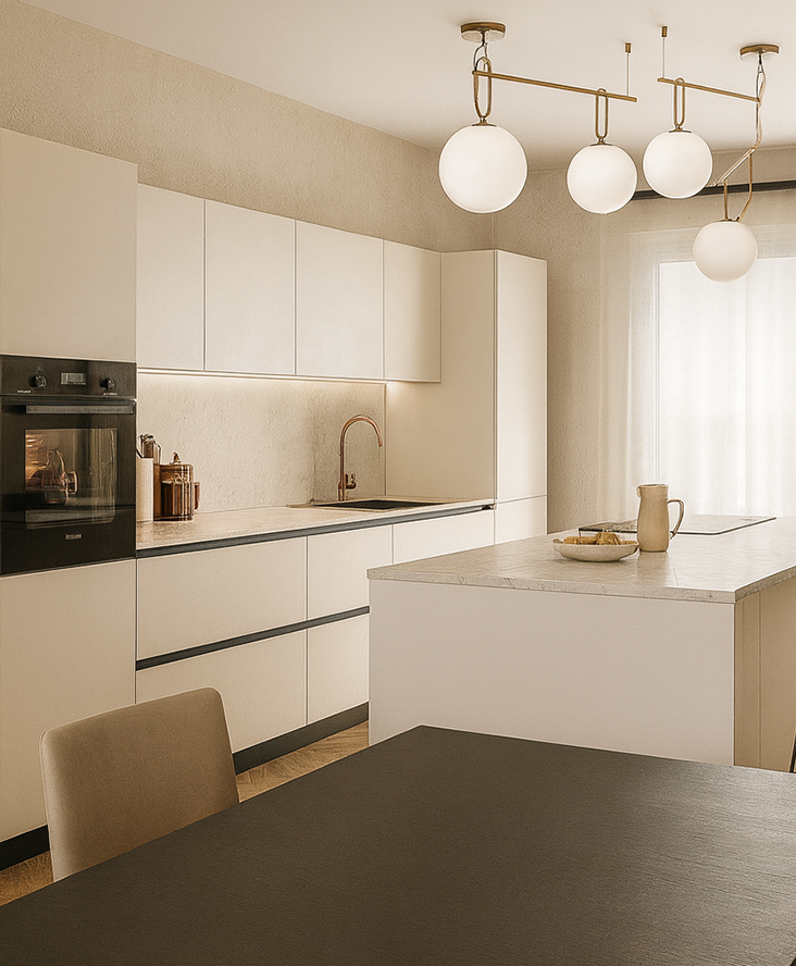 Progetto di cucina di design con isola centrale e finiture artigianali, interior design Furlan Mobili