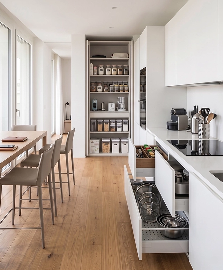 Cucina moderna con dispensa attrezzata e cassetti estraibili, esempio di organizzazione degli ambienti realizzata da Furlan Mobili.