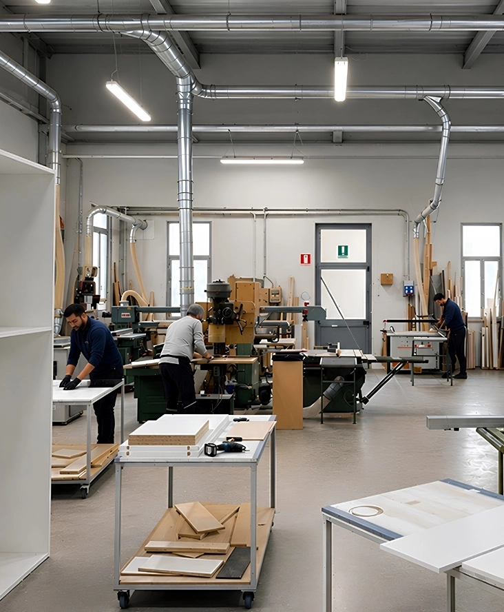 Interno della falegnameria Furlan Mobili, spaziosa e ben illuminata con artigiani al lavoro presso le postazioni di lavorazione.