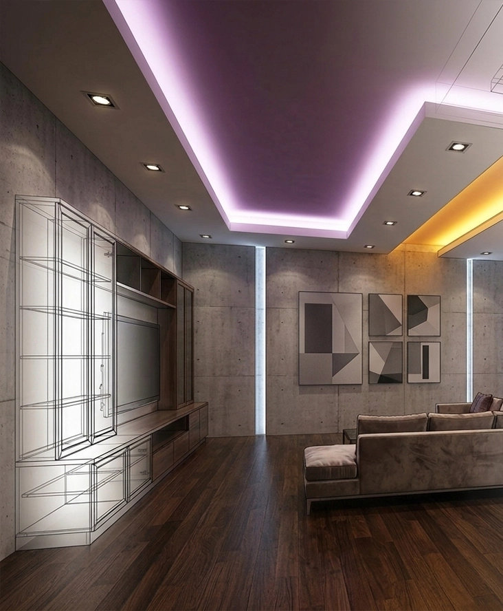 Un'immagine di interior design concettuale di un moderno soggiorno. A destra, un divano e l'area TV rifiniti con illuminazione color porpora sul soffitto e pavimenti in legno.
