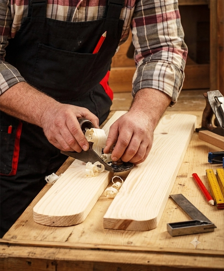 Primo piano delle mani di un falegname artigiano mentre utilizza una pialla manuale su una tavola di legno grezzo in un laboratorio di arredamento su misura Furlan Mobili.