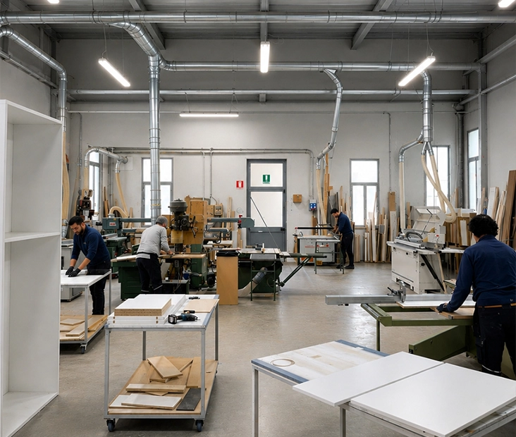 Arredamento su Misura a Castelfranco Veneto. Interno di una falegnameria spaziosa e ben illuminata con artigiani al lavoro presso le postazioni di lavorazione.