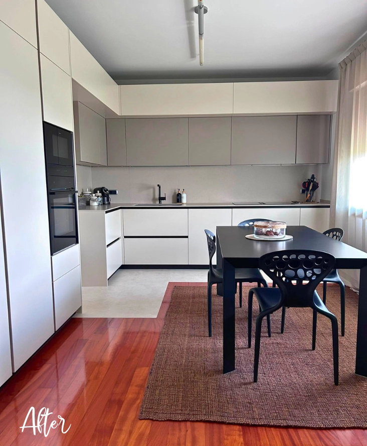 Risultato finale cucina: ambiente moderno e ordinato grazie all'organizzazione degli spazi Furlan Mobili.